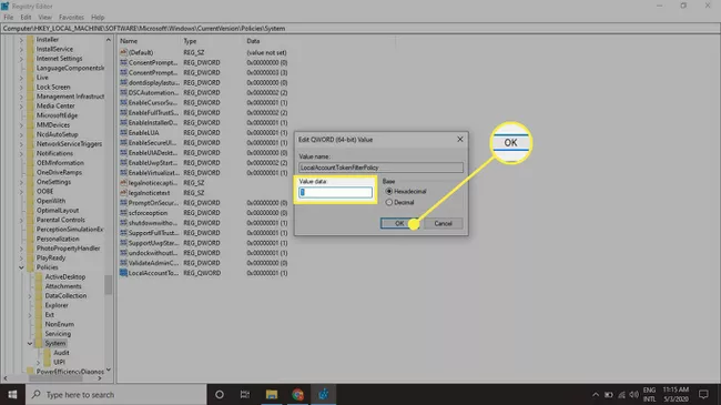 Captura de pantalla del registro de Windows con el valor resaltado y el botón Aceptar.