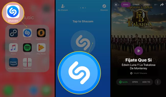 Tres pantallas de iOS con el ícono de la aplicación Shazam, toque Shazam y canciones encontradas (Fijate Que Si)