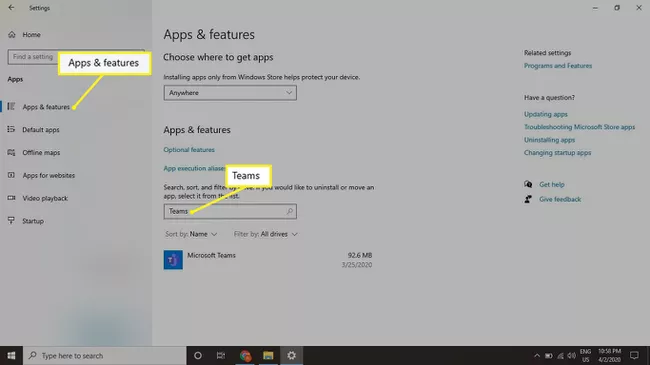 Pantalla de aplicaciones y funciones en Windows