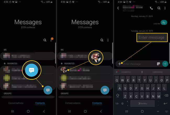 Icono de mensaje, icono de contacto, campo de entrada de mensaje en la aplicación Samsung Chat