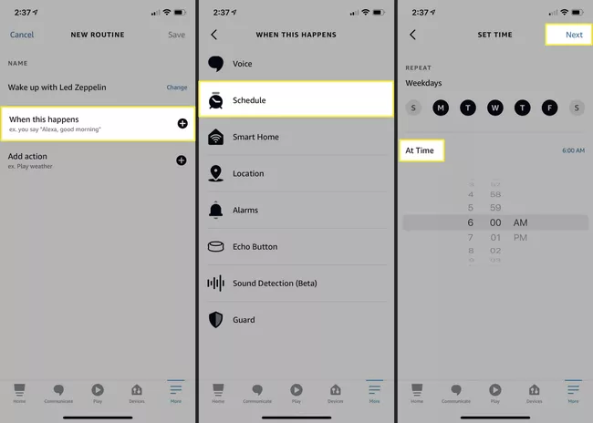 Pasos para detener la rutina de alarma en la aplicación Alexa en iPhone.