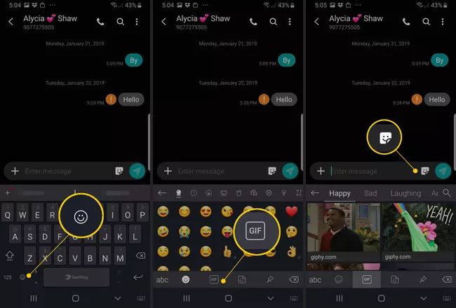 Íconos emoji, GIF y calcomanías en la aplicación Samsung Messages
