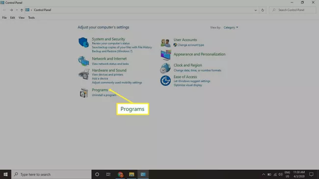 Panel de control de Windows con programas resaltados