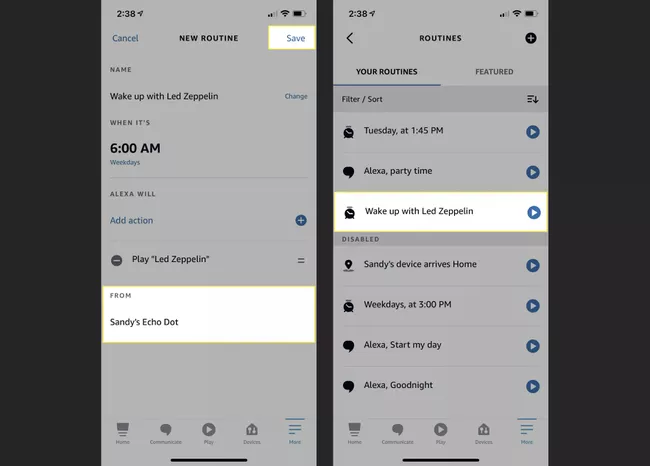 Los pasos finales de la rutina de alarma de Alexa en iPhone.