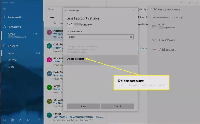 Botón Eliminar cuenta en la configuración de la cuenta de Windows Mail