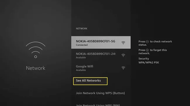 Pantalla de red de Amazon Fire Stick que muestra las redes Wi-Fi disponibles.