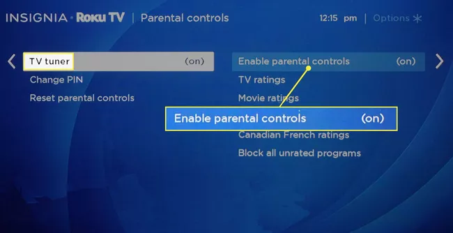 Habilite el comando de control parental en el sintonizador de TV en Roku TV