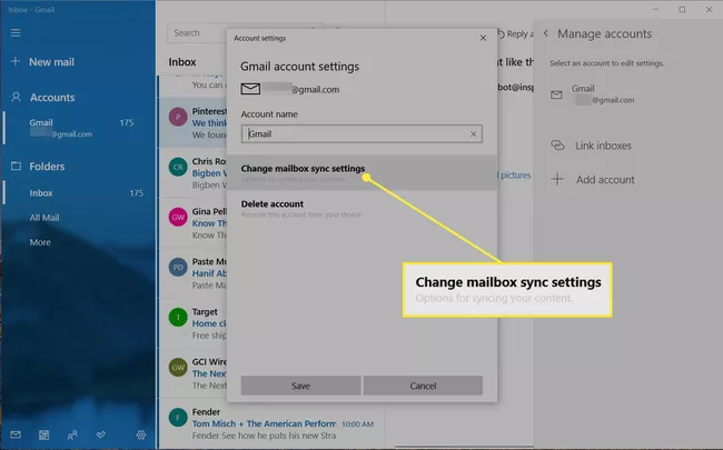 Cambiar la configuración de sincronización del buzón en la configuración de la cuenta de Windows Mail