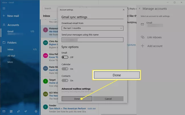Botón Listo en la configuración de la cuenta de Windows Mail