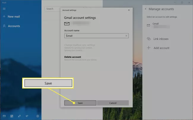 Botón Guardar en la configuración de la cuenta de Windows Mail