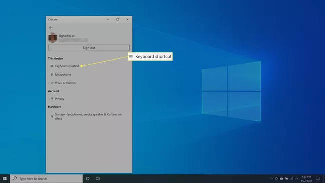 Seleccione la configuración de los métodos abreviados de teclado en Cortana en Windows 10.
