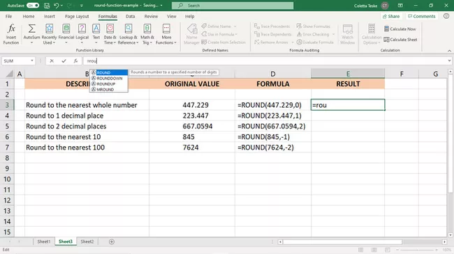 Introduzca la función REDONDA en la barra de fórmulas de Excel.