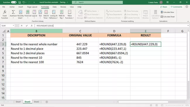 Resultados de la función REDONDO en una hoja de cálculo de Excel