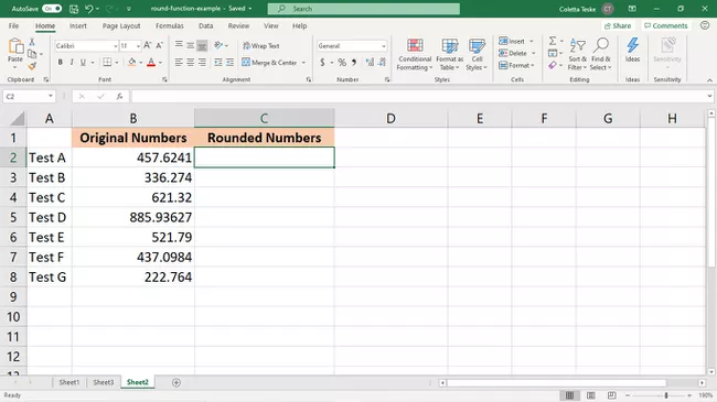 Datos de muestra para la función ROUND en Excel