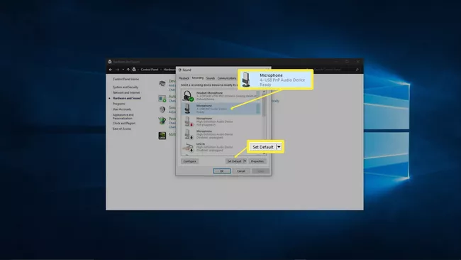 Captura de pantalla que muestra el micrófono predeterminado en Windows.
