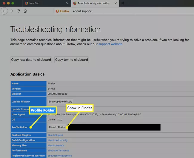 Mostrar la pantalla de información de solución de problemas de macOS Firefox con el perfil resaltado y en Finder