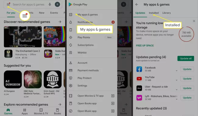 Aplicación de Google Play Ruta de aplicaciones y juegos instalados