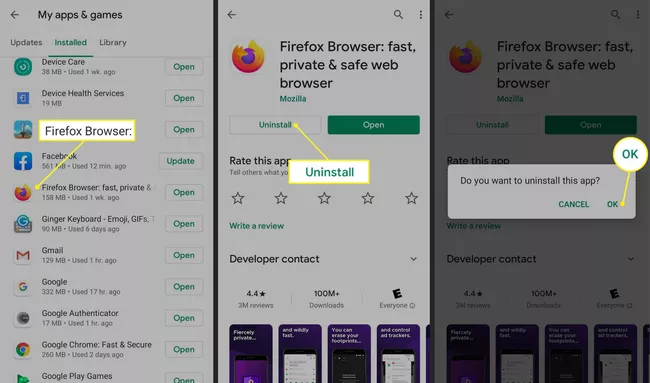 Desinstalar Firefox de la aplicación Google Play en Android