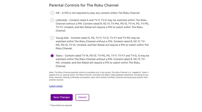 En Controles parentales en el canal de Roku, seleccione Bebé, Niño pequeño o Adolescente para solicitar un PIN para el contenido descrito.