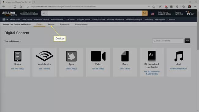 Dispositivos resaltados en la pantalla Dispositivos y contenido de Amazon