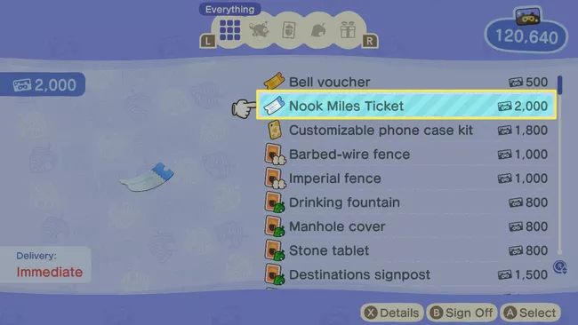 Opciones de boletos de Nook Miles