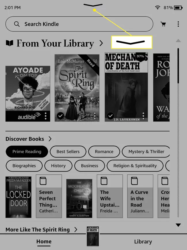 El ícono V resaltado en la parte superior de la pantalla de inicio de Kindle