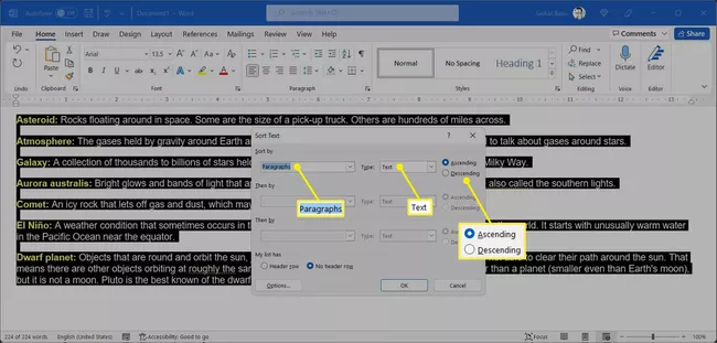 El cuadro de diálogo Ordenar texto en Microsoft Word