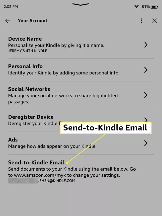 El correo electrónico de Kindle está resaltado en la información de la cuenta de Kindle