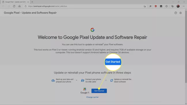 Primeros pasos resaltados en la página de reparación de Google Pixel.