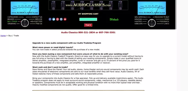 Portal en línea de Audio Classics para la venta de equipos estéreo usados