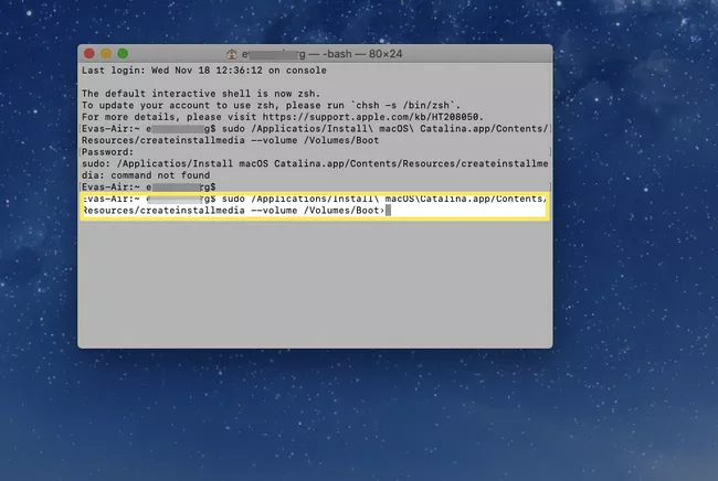Ingrese comandos en la Terminal para crear una unidad macOS de arranque