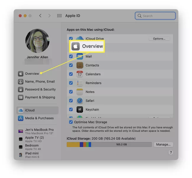 Opción Mac Apple ID con resumen resaltado