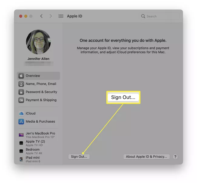 Opción Mac Apple ID con la opción Cerrar sesión resaltada.