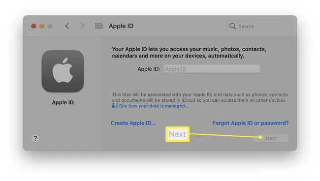 Pantalla de ID de Apple de Mac con el indicador Siguiente resaltado.