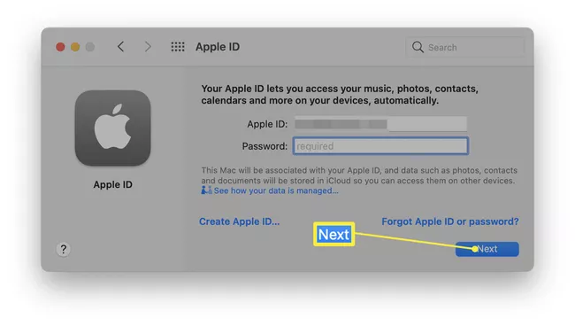 Pantalla de ID de Apple con el indicador Siguiente resaltado.