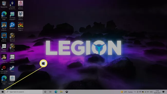 Windows 10 con el icono del menú Inicio resaltado