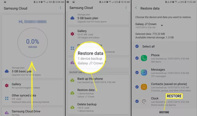 Restaurar datos en Samsung Cloud